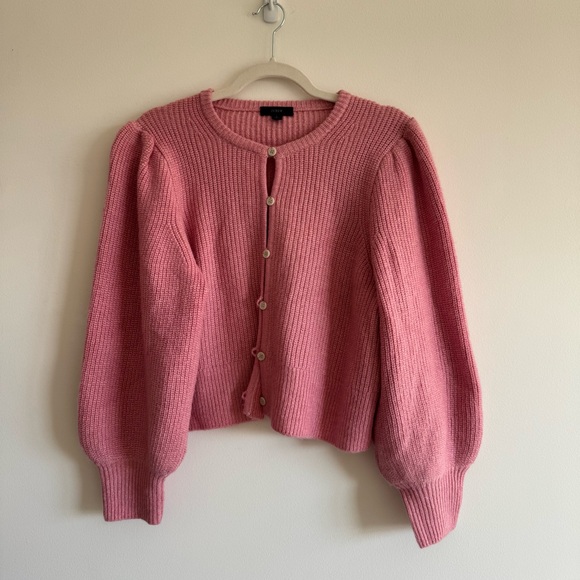 J. Crew | Wool Alpaca Baby Pink Puff Sleeve Cardigan Sweater ~ Large - Picture 7 of 11